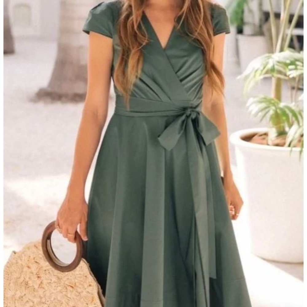 GAL MEETS GLAM Nordstrom Addison Fit and Flare Wrap Cotton Dress Size 10 Khaki G